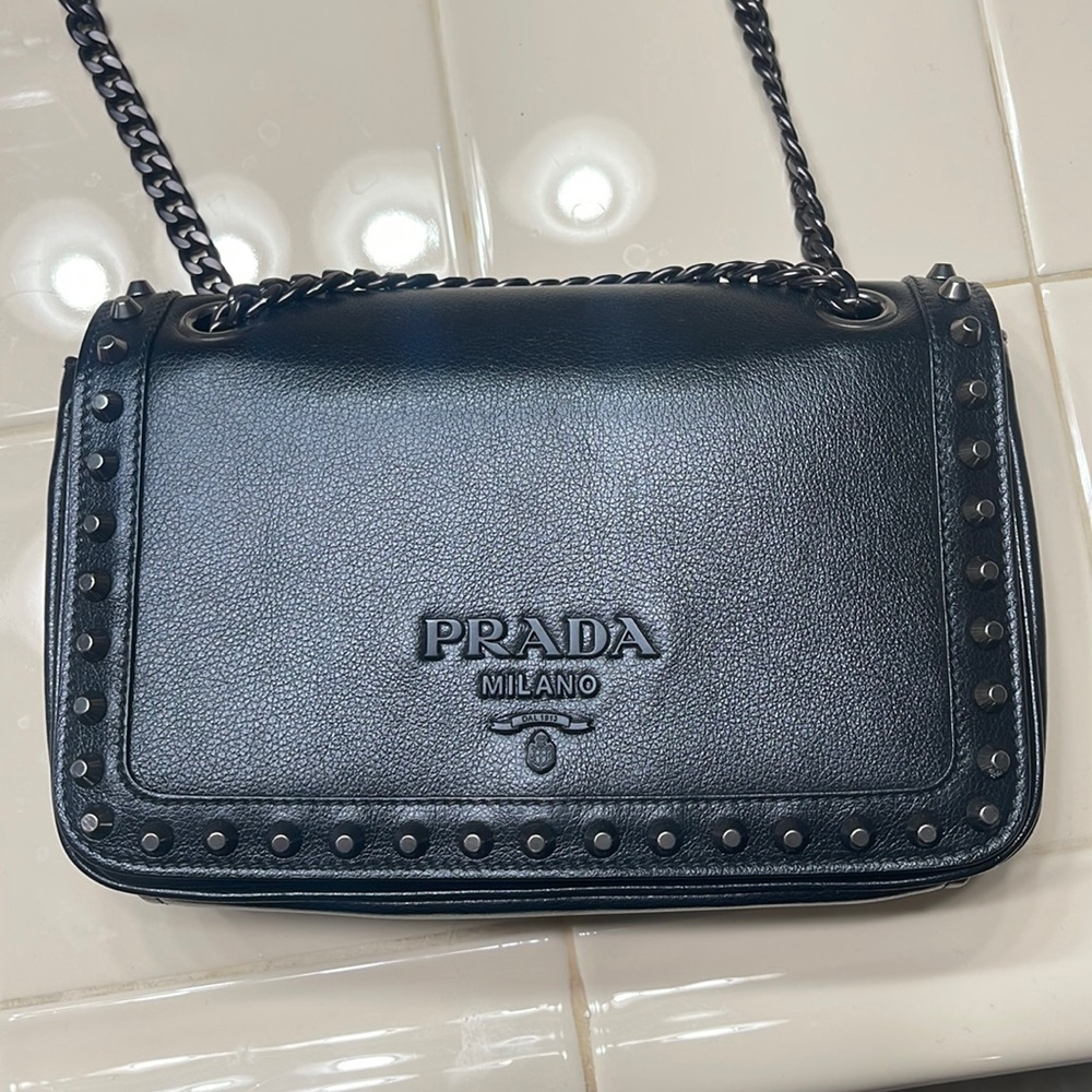 Prada crossbody Glace Glacé Calf Black (Nero) Pattina Studded bag